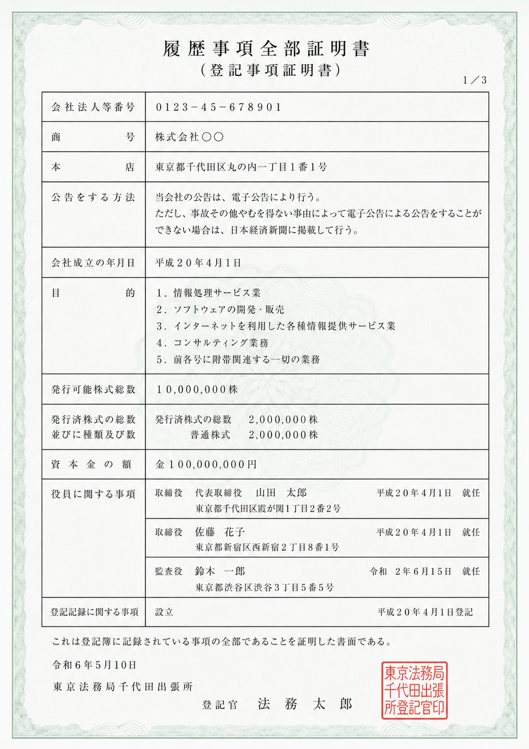 登記事項証明書のサンプル